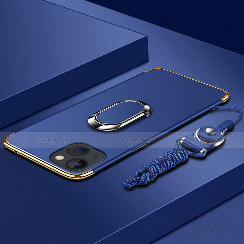 Handyhülle Hülle Luxus Metall Rahmen und Kunststoff Schutzhülle Hartschalen Tasche mit Fingerring Ständer und Lanyard für Apple iPhone 14 Blau