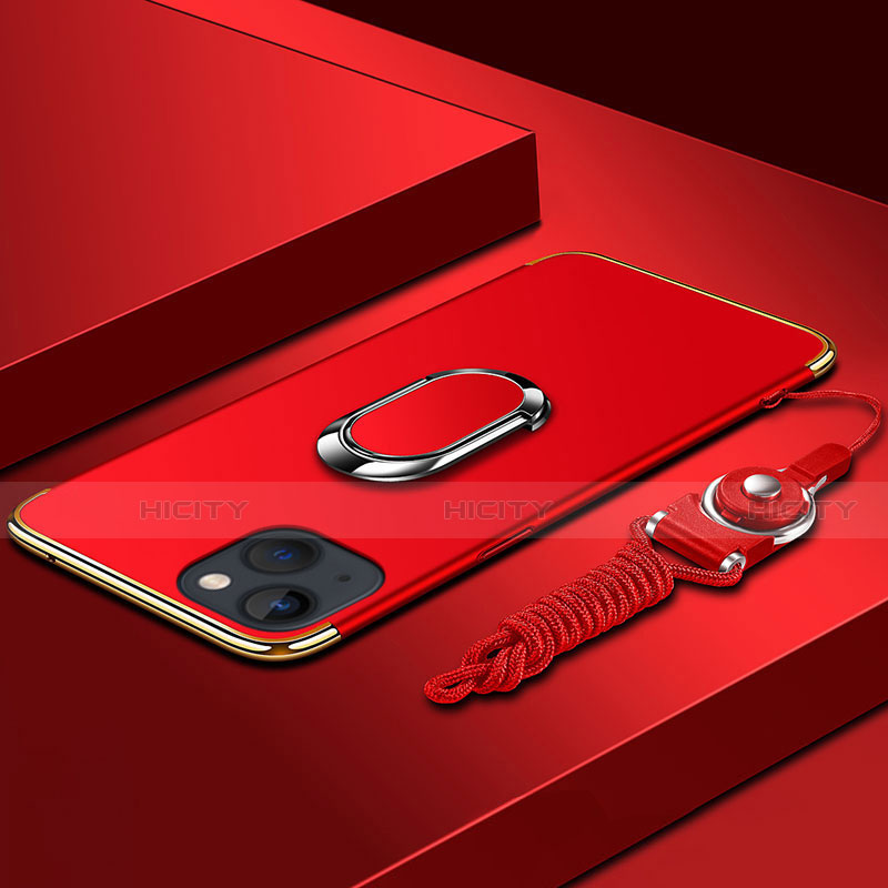 Handyhülle Hülle Luxus Metall Rahmen und Kunststoff Schutzhülle Hartschalen Tasche mit Fingerring Ständer und Lanyard für Apple iPhone 14 Rot Plus