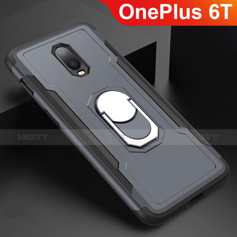 Handyhülle Hülle Luxus Metall Rahmen und Kunststoff Schutzhülle Tasche mit Fingerring Ständer A01 für OnePlus 6T Grau Plus