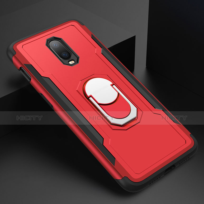 Handyhülle Hülle Luxus Metall Rahmen und Kunststoff Schutzhülle Tasche mit Fingerring Ständer A01 für OnePlus 6T Rot Plus