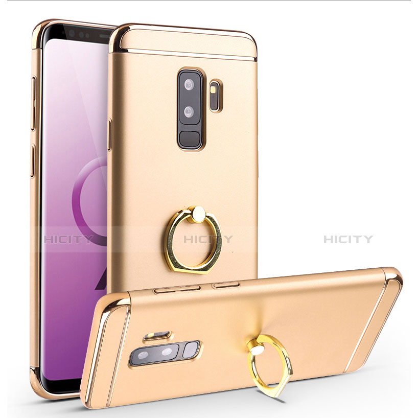 Handyhülle Hülle Luxus Metall Rahmen und Kunststoff Schutzhülle Tasche mit Fingerring Ständer A01 für Samsung Galaxy S9 Plus Gold