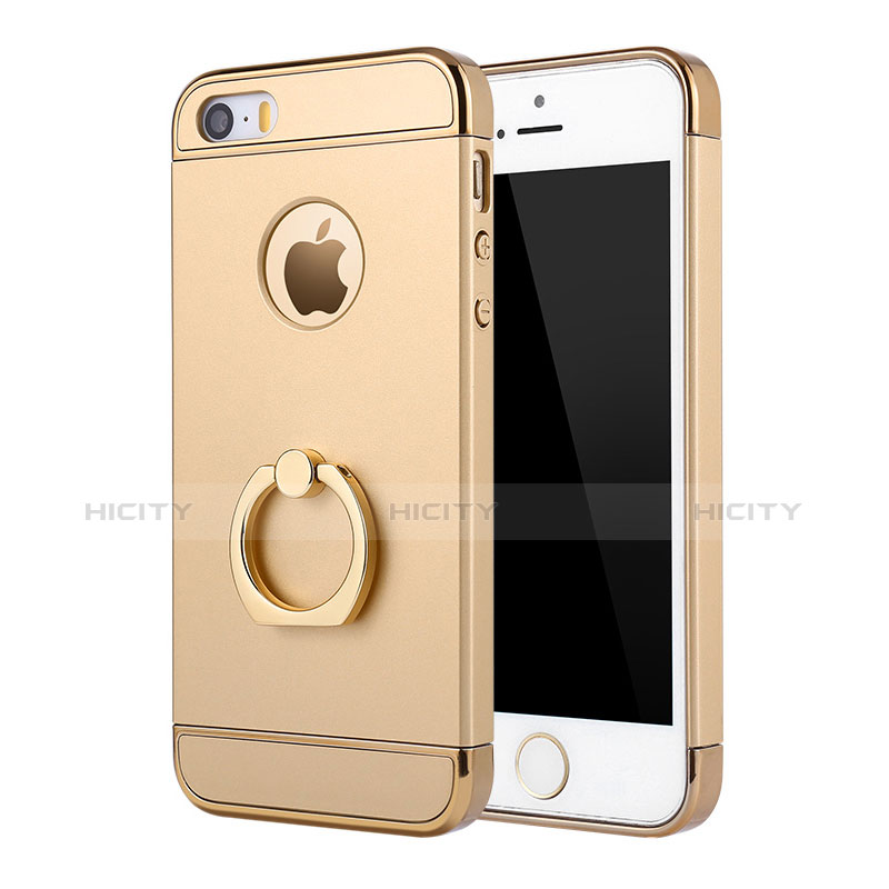 Handyhülle Hülle Luxus Metall Rahmen und Kunststoff Schutzhülle Tasche mit Fingerring Ständer A02 für Apple iPhone SE Gold Plus