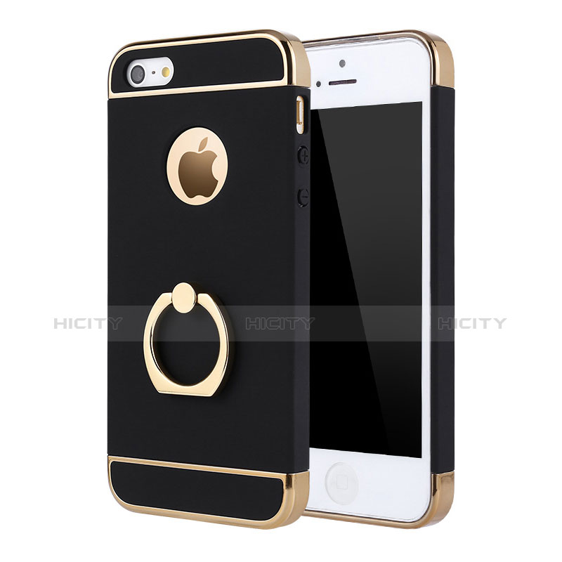 Handyhülle Hülle Luxus Metall Rahmen und Kunststoff Schutzhülle Tasche mit Fingerring Ständer A02 für Apple iPhone SE Schwarz Plus