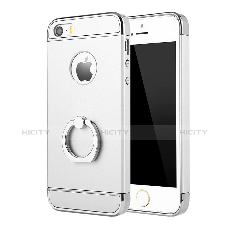 Handyhülle Hülle Luxus Metall Rahmen und Kunststoff Schutzhülle Tasche mit Fingerring Ständer A02 für Apple iPhone SE Silber Plus