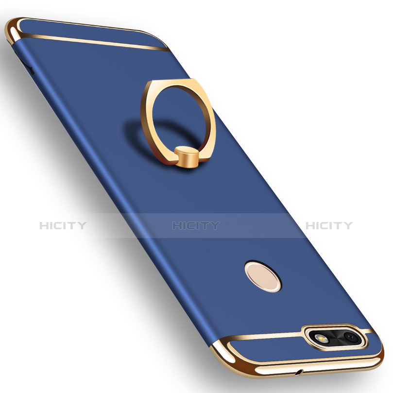 Handyhülle Hülle Luxus Metall Rahmen und Kunststoff Schutzhülle Tasche mit Fingerring Ständer A06 für Huawei Y6 Pro (2017) Blau