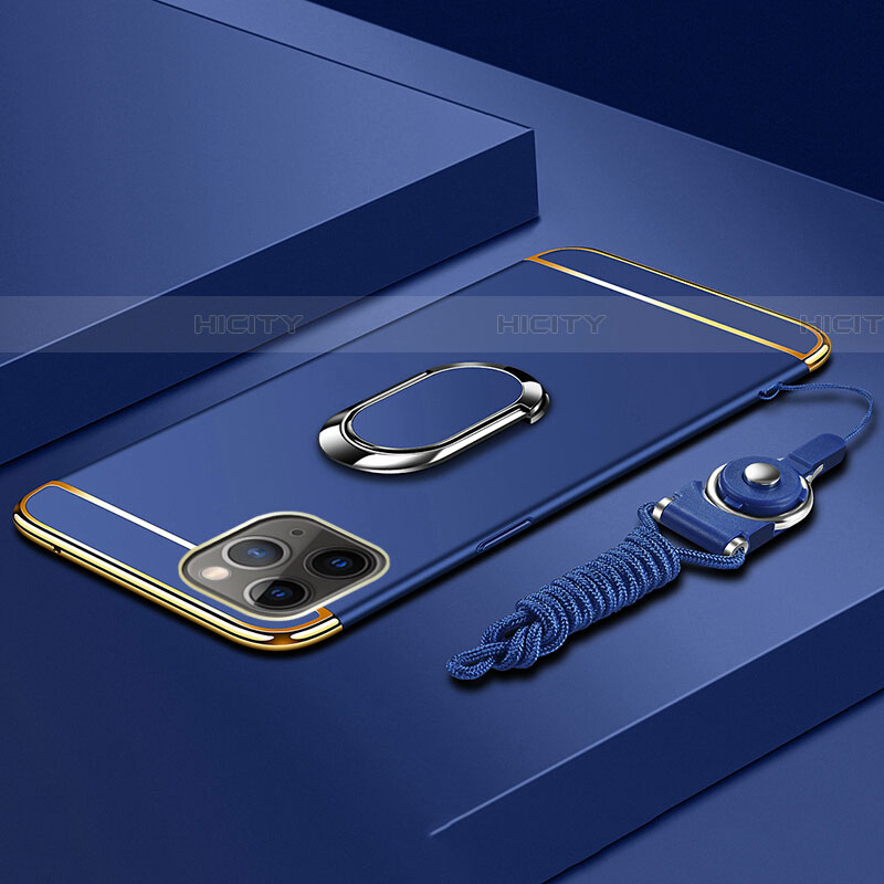 Handyhülle Hülle Luxus Metall Rahmen und Kunststoff Schutzhülle Tasche mit Fingerring Ständer T01 für Apple iPhone 11 Pro Max Blau Plus