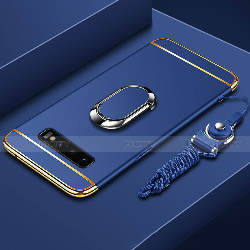 Handyhülle Hülle Luxus Metall Rahmen und Kunststoff Schutzhülle Tasche mit Fingerring Ständer T02 für Samsung Galaxy S10 Plus Blau Plus