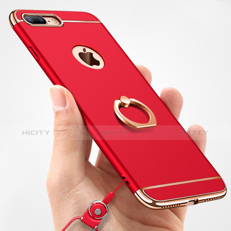 Handyhülle Hülle Luxus Metall Rahmen und Kunststoff Schutzhülle Tasche mit Fingerring Ständer und Lanyard A01 für Apple iPhone 7 Plus Rot Plus