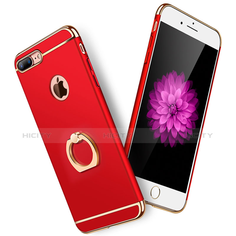 Handyhülle Hülle Luxus Metall Rahmen und Kunststoff Schutzhülle Tasche mit Fingerring Ständer und Lanyard A01 für Apple iPhone 7 Plus Rot groß