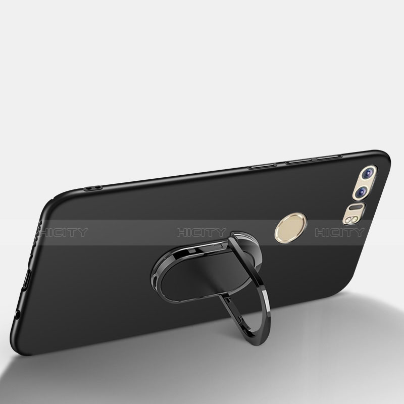 Handyhülle Hülle Luxus Metall Rahmen und Kunststoff Schutzhülle Tasche mit Fingerring Ständer und Lanyard A01 für Huawei Honor 8 Schwarz groß