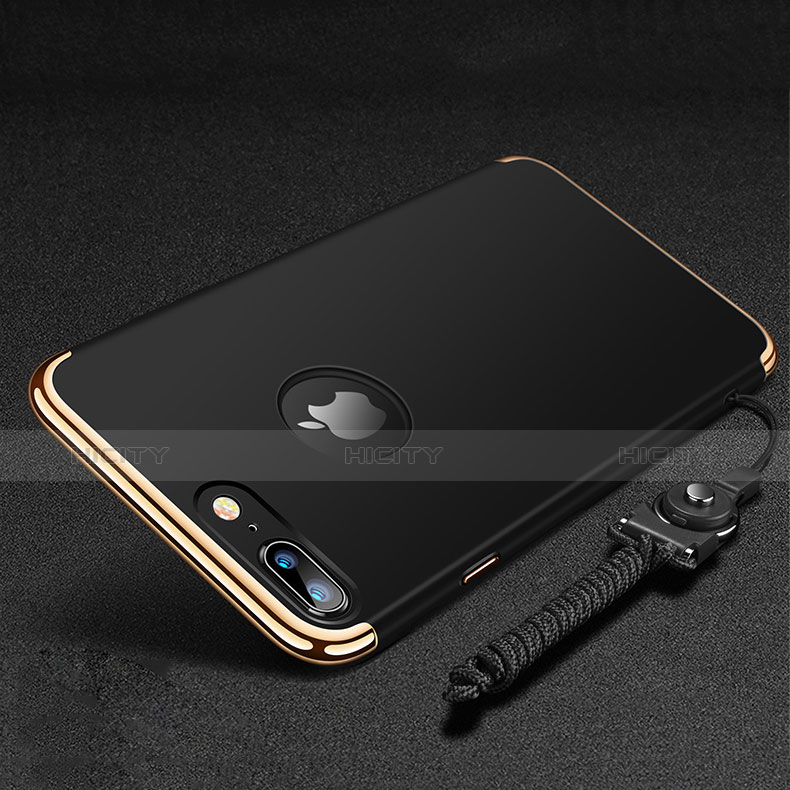 Handyhülle Hülle Luxus Metall Rahmen und Kunststoff Schutzhülle Tasche mit Fingerring Ständer und Lanyard für Apple iPhone 7 Plus Schwarz Plus