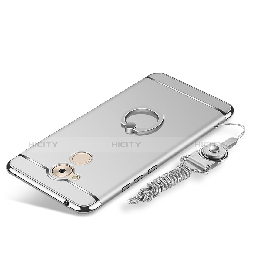 Handyhülle Hülle Luxus Metall Rahmen und Kunststoff Schutzhülle Tasche mit Fingerring Ständer und Lanyard für Huawei Enjoy 6S Silber Plus