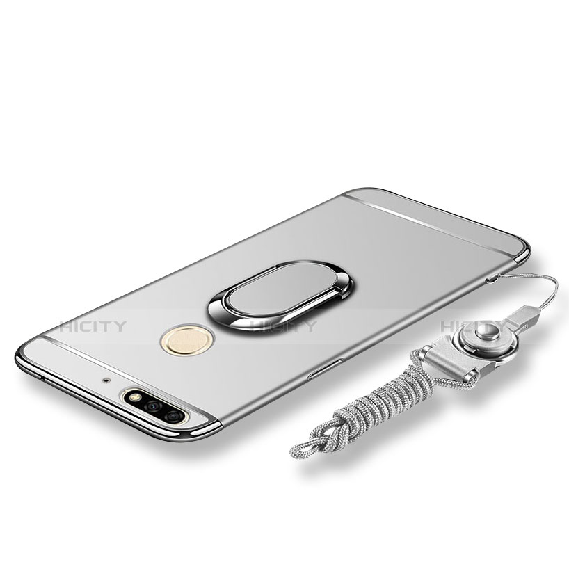 Handyhülle Hülle Luxus Metall Rahmen und Kunststoff Schutzhülle Tasche mit Fingerring Ständer und Lanyard für Huawei Enjoy 8 Silber Plus