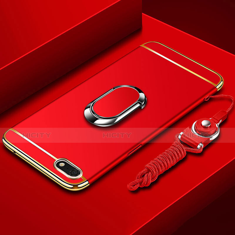 Handyhülle Hülle Luxus Metall Rahmen und Kunststoff Schutzhülle Tasche mit Fingerring Ständer und Lanyard für Huawei Enjoy 8e Lite Rot Plus