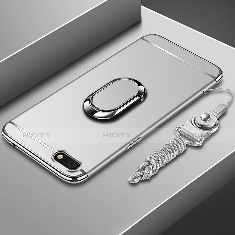 Handyhülle Hülle Luxus Metall Rahmen und Kunststoff Schutzhülle Tasche mit Fingerring Ständer und Lanyard für Huawei Enjoy 8e Lite Silber Plus