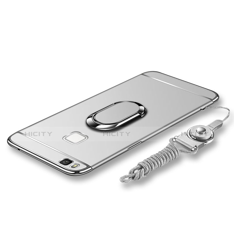 Handyhülle Hülle Luxus Metall Rahmen und Kunststoff Schutzhülle Tasche mit Fingerring Ständer und Lanyard für Huawei G9 Lite Silber