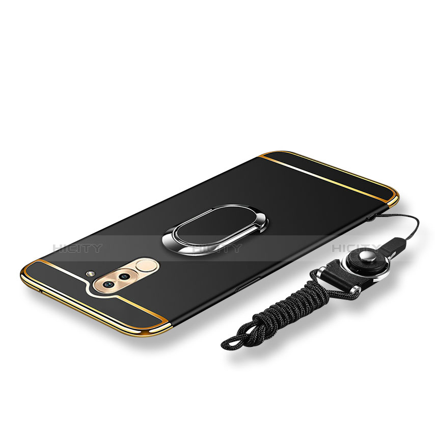 Handyhülle Hülle Luxus Metall Rahmen und Kunststoff Schutzhülle Tasche mit Fingerring Ständer und Lanyard für Huawei Honor 6X Schwarz Plus