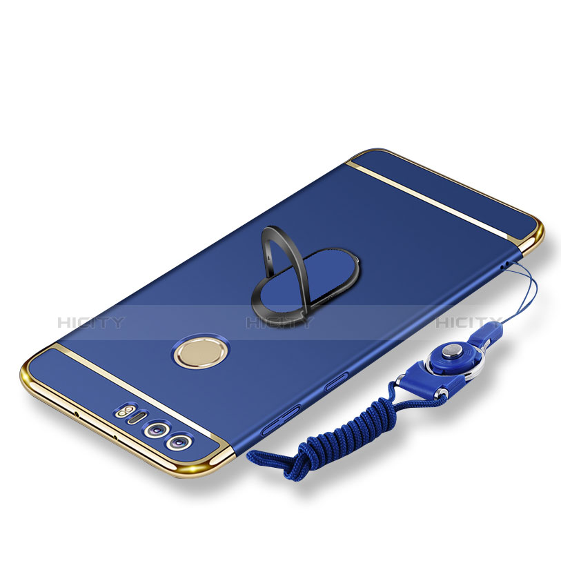 Handyhülle Hülle Luxus Metall Rahmen und Kunststoff Schutzhülle Tasche mit Fingerring Ständer und Lanyard für Huawei Honor 8 Blau