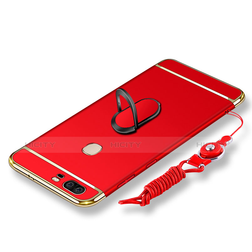 Handyhülle Hülle Luxus Metall Rahmen und Kunststoff Schutzhülle Tasche mit Fingerring Ständer und Lanyard für Huawei Honor 8 Rot Plus