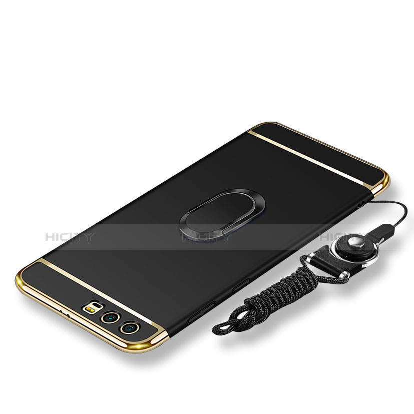Handyhülle Hülle Luxus Metall Rahmen und Kunststoff Schutzhülle Tasche mit Fingerring Ständer und Lanyard für Huawei Honor 9 Schwarz