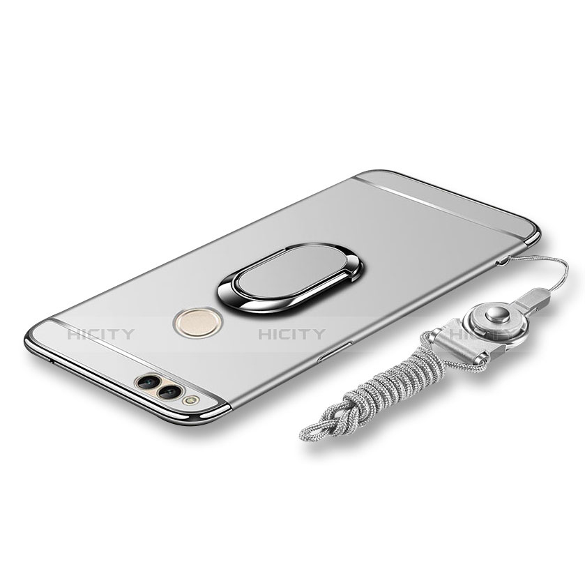 Handyhülle Hülle Luxus Metall Rahmen und Kunststoff Schutzhülle Tasche mit Fingerring Ständer und Lanyard für Huawei Honor Play 7X Silber Plus