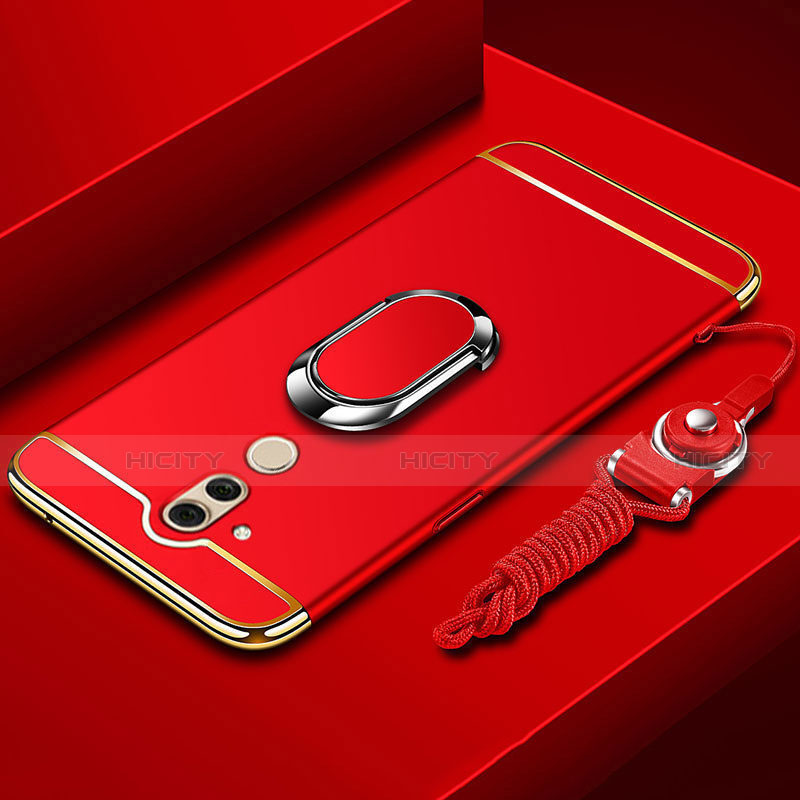 Handyhülle Hülle Luxus Metall Rahmen und Kunststoff Schutzhülle Tasche mit Fingerring Ständer und Lanyard für Huawei Mate 20 Lite Rot