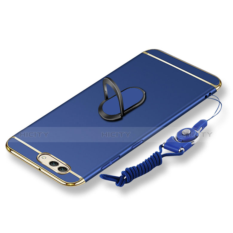 Handyhülle Hülle Luxus Metall Rahmen und Kunststoff Schutzhülle Tasche mit Fingerring Ständer und Lanyard für Huawei Nova 2S Blau
