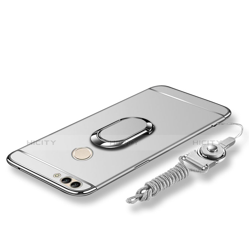 Handyhülle Hülle Luxus Metall Rahmen und Kunststoff Schutzhülle Tasche mit Fingerring Ständer und Lanyard für Huawei P Smart Silber Plus