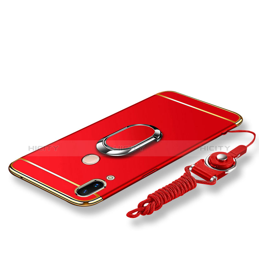 Handyhülle Hülle Luxus Metall Rahmen und Kunststoff Schutzhülle Tasche mit Fingerring Ständer und Lanyard für Huawei P20 Lite Rot