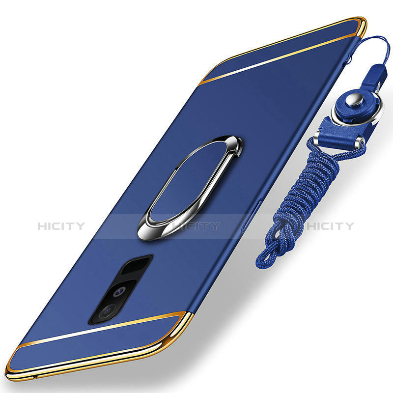 Handyhülle Hülle Luxus Metall Rahmen und Kunststoff Schutzhülle Tasche mit Fingerring Ständer und Lanyard für Samsung Galaxy A6 Plus (2018) groß