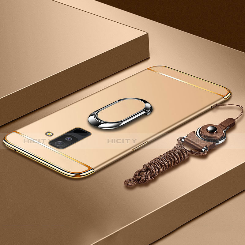 Handyhülle Hülle Luxus Metall Rahmen und Kunststoff Schutzhülle Tasche mit Fingerring Ständer und Lanyard für Samsung Galaxy A6 Plus (2018) Gold Plus
