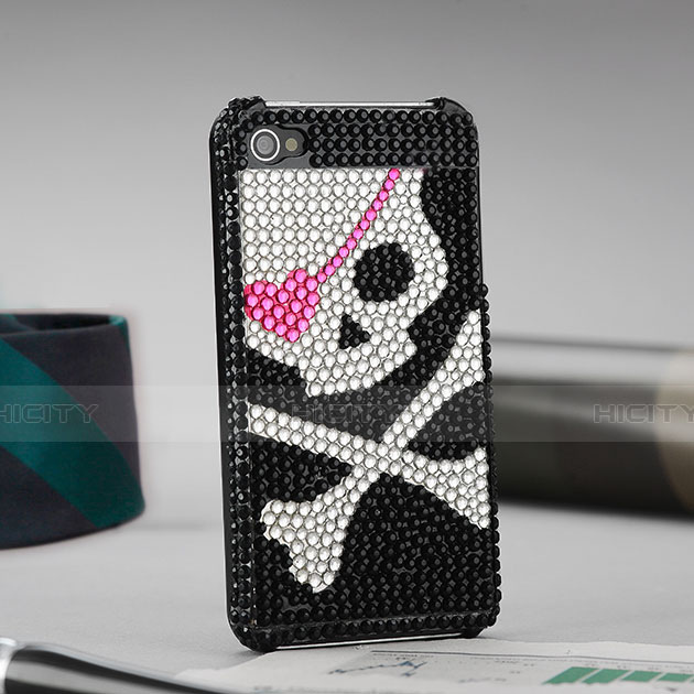 Handyhülle Hülle Luxus Strass Diamant Schutzhülle Schädel für Apple iPhone 4 Schwarz Plus