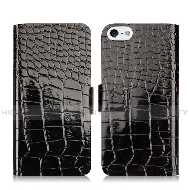 Handyhülle Hülle Stand Tasche Leder Krokodil für Apple iPhone 5S Schwarz