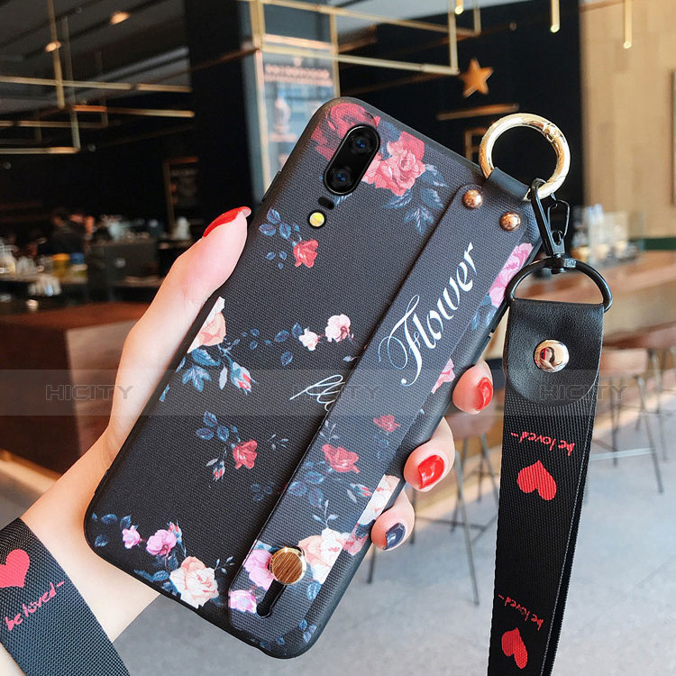 Handyhülle Silikon Hülle Gummi Schutzhülle Blumen für Huawei P20 Schwarz Plus