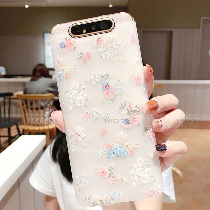 Handyhülle Silikon Hülle Gummi Schutzhülle Blumen S03 für Samsung Galaxy A80 Rosa Plus