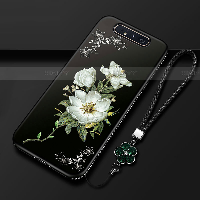 Handyhülle Silikon Hülle Gummi Schutzhülle Blumen S06 für Samsung Galaxy A80 Schwarz