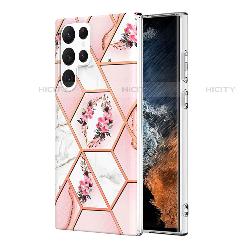 Handyhülle Silikon Hülle Gummi Schutzhülle Flexible Blumen S01 für Samsung Galaxy S22 Ultra 5G Rosa