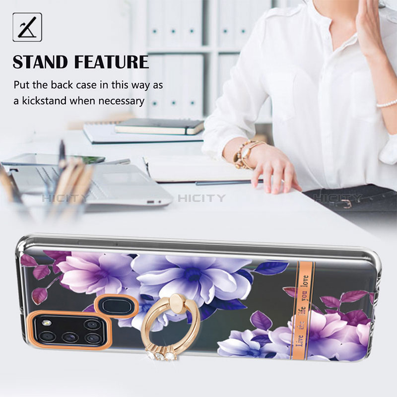 Handyhülle Silikon Hülle Gummi Schutzhülle Flexible Modisch Muster mit Fingerring Ständer Y06B für Samsung Galaxy A21s groß