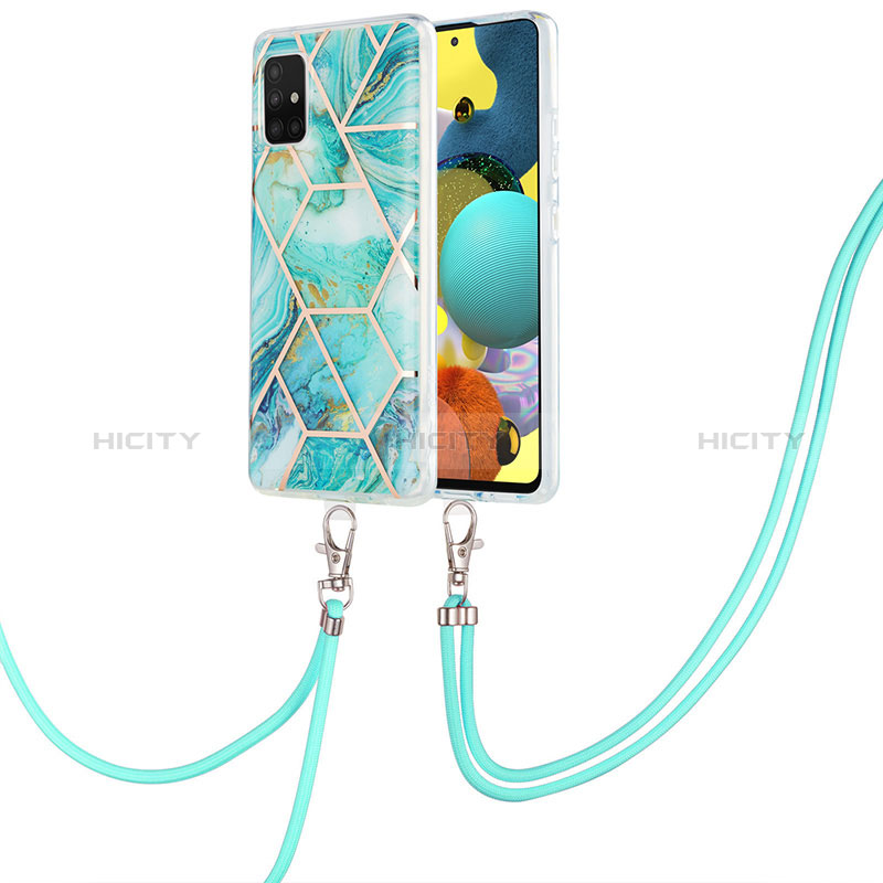 Handyhülle Silikon Hülle Gummi Schutzhülle Flexible Modisch Muster mit Schlüsselband Lanyard Y01B für Samsung Galaxy A51 4G Minzgrün
