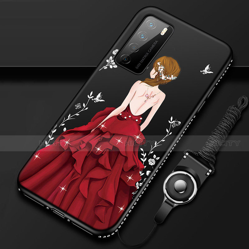 Handyhülle Silikon Hülle Gummi Schutzhülle Flexible Motiv Kleid Mädchen für Huawei Honor Play4 5G Rot und Schwarz