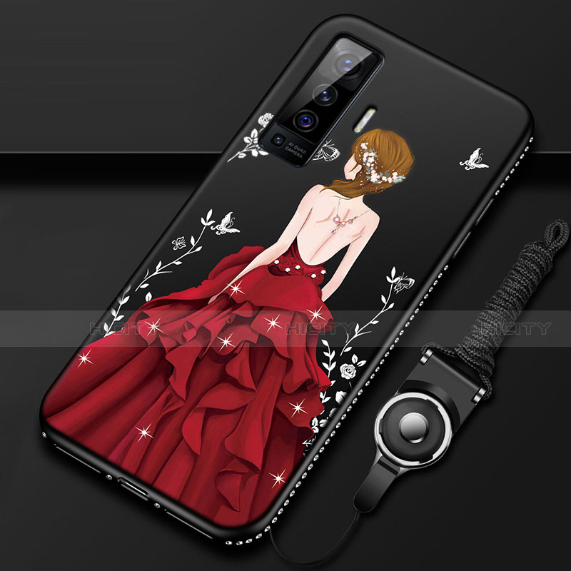Handyhülle Silikon Hülle Gummi Schutzhülle Flexible Motiv Kleid Mädchen für Vivo X50 5G Rot und Schwarz