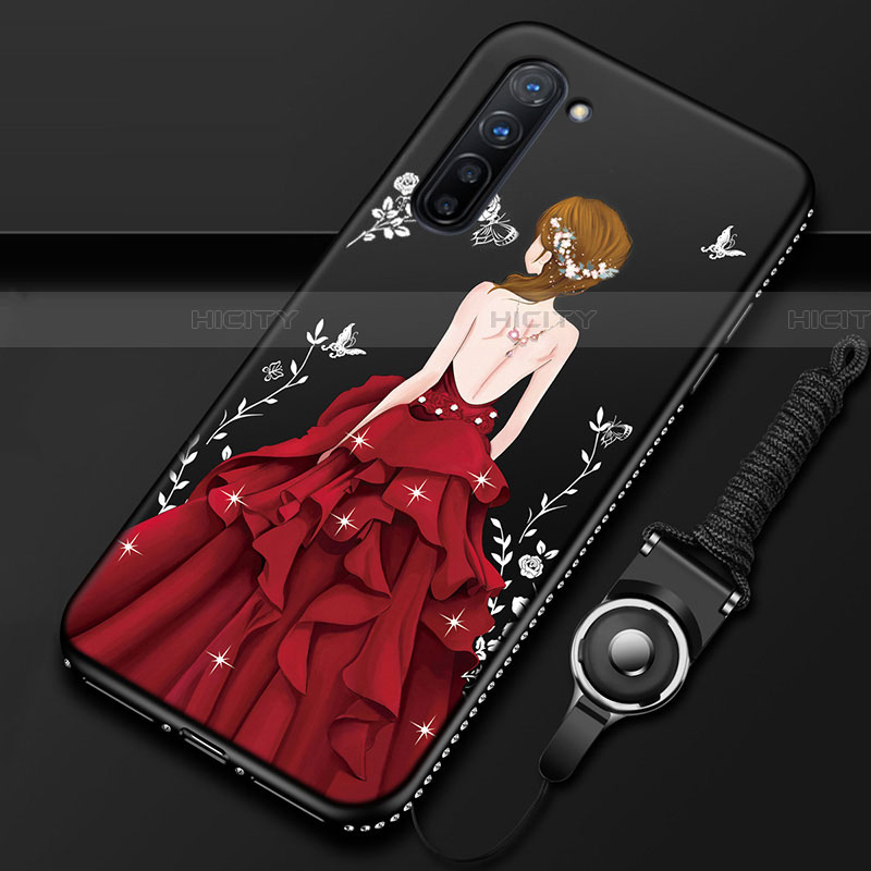 Handyhülle Silikon Hülle Gummi Schutzhülle Motiv Kleid Mädchen für Oppo Reno3 Rot und Schwarz Plus