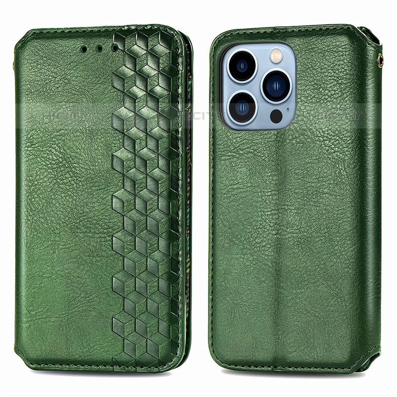 Handytasche Stand Schutzhülle Flip Leder Hülle Modisch Muster H15 für Apple iPhone 15 Pro Grün Plus