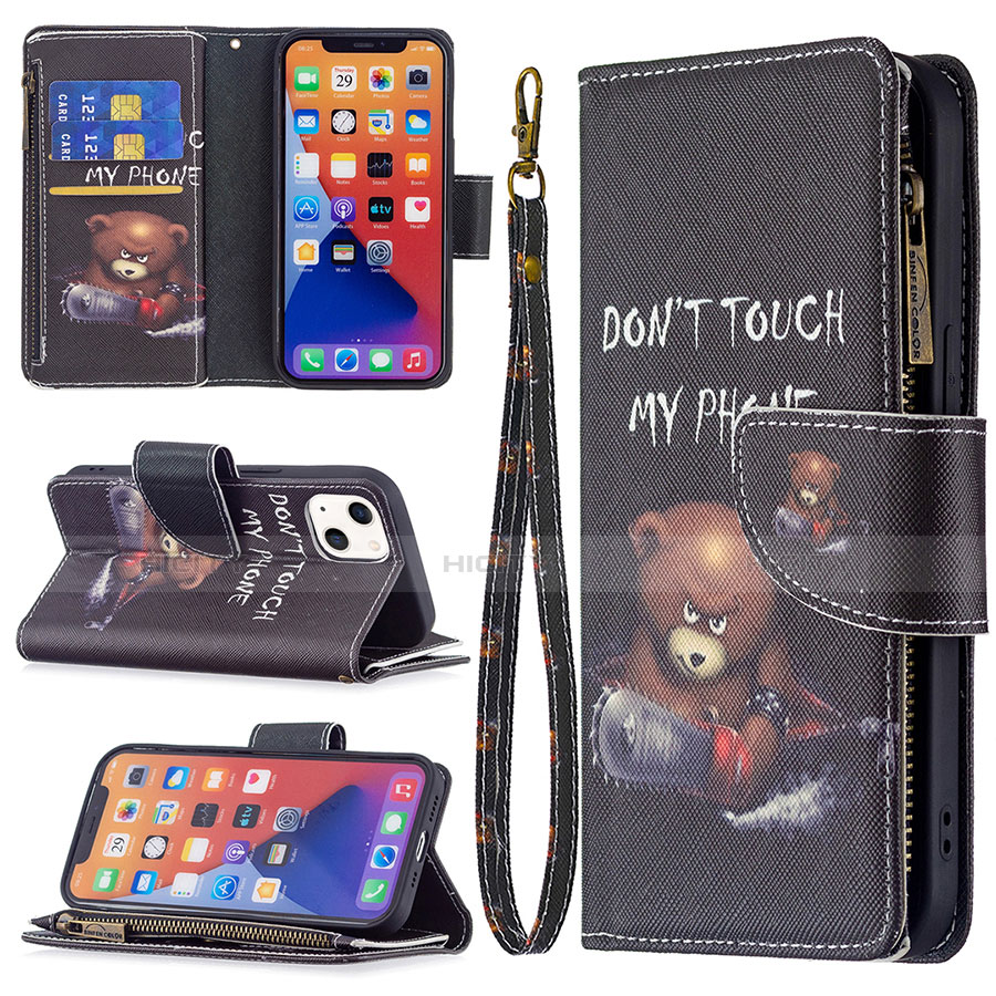Handytasche Stand Schutzhülle Flip Leder Hülle Modisch Muster L03 für Apple iPhone 14 Schwarz