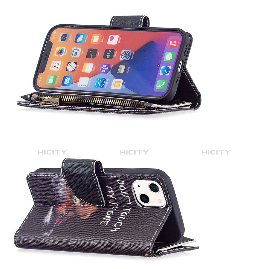 Handytasche Stand Schutzhülle Flip Leder Hülle Modisch Muster L03 für Apple iPhone 14 Schwarz