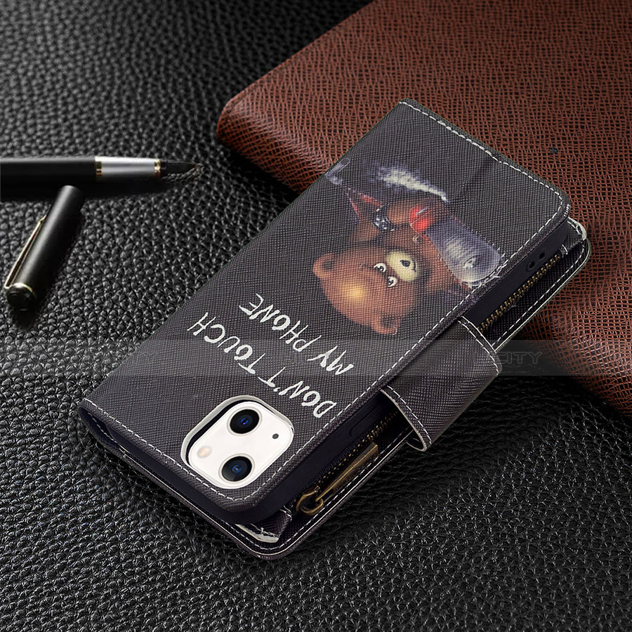 Handytasche Stand Schutzhülle Flip Leder Hülle Modisch Muster L03 für Apple iPhone 14 Schwarz