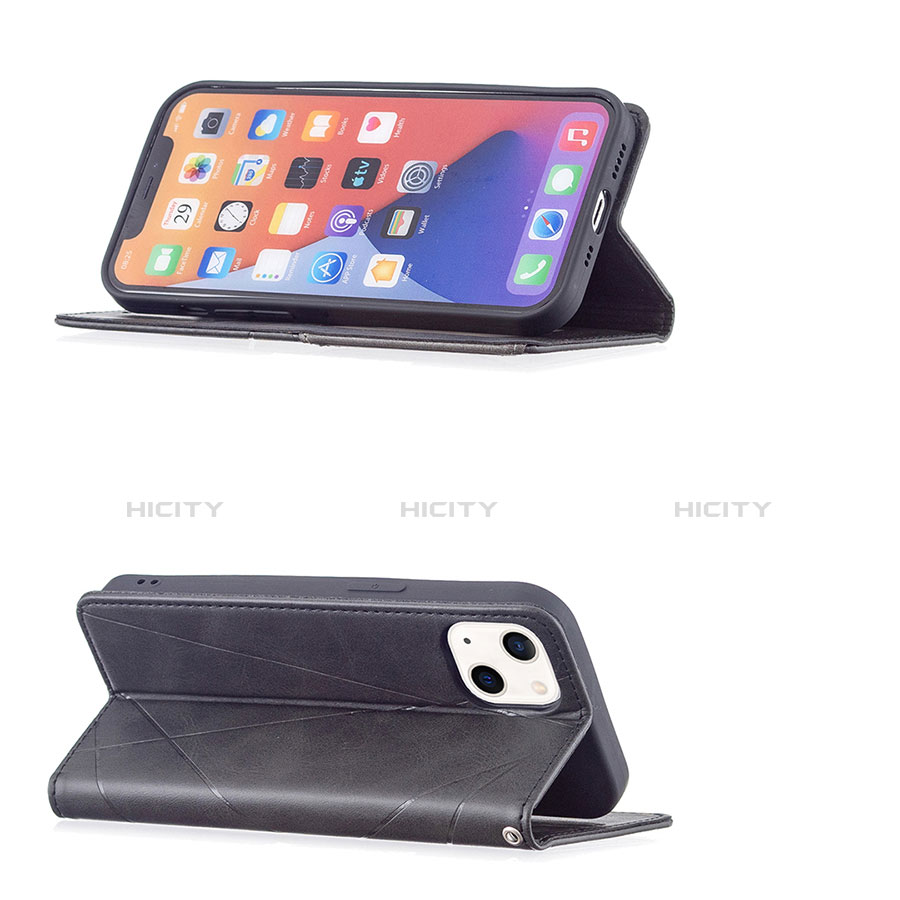 Handytasche Stand Schutzhülle Flip Leder Hülle Modisch Muster L04 für Apple iPhone 14 Schwarz