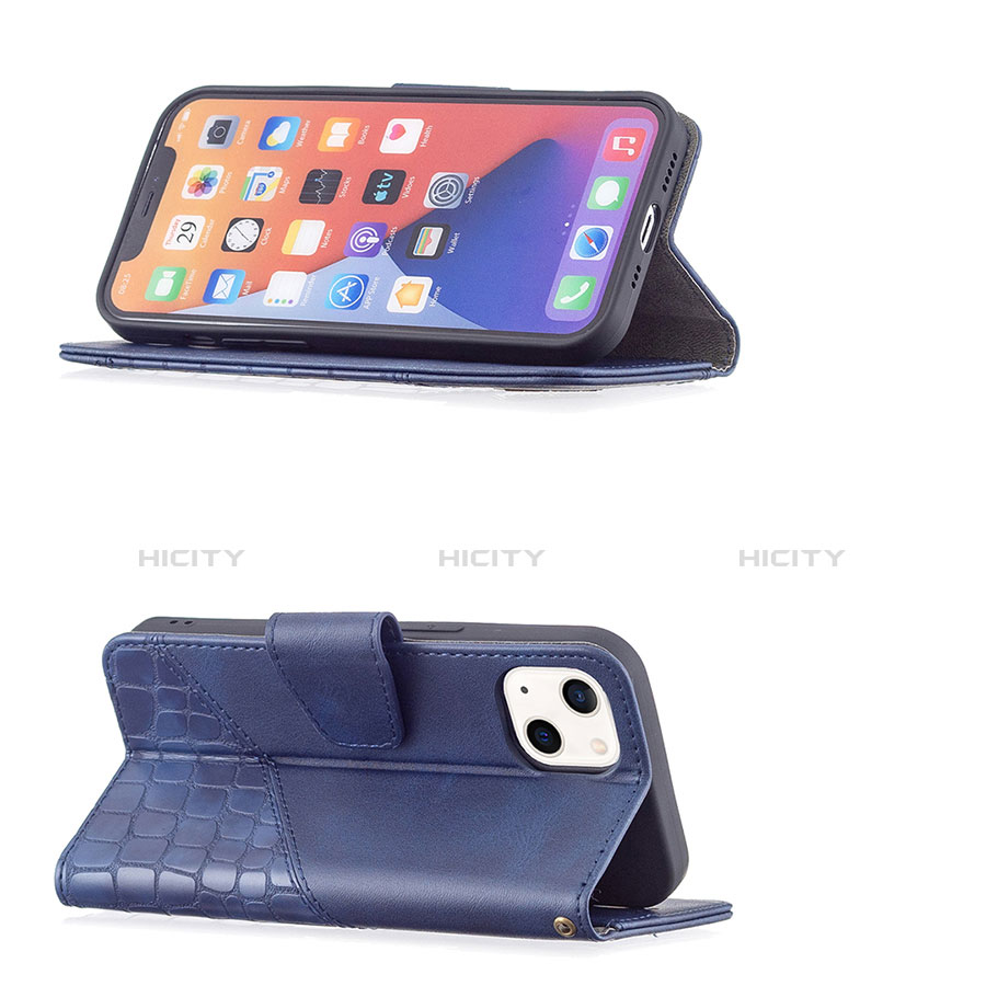 Handytasche Stand Schutzhülle Flip Leder Hülle Modisch Muster L05 für Apple iPhone 14 Blau groß