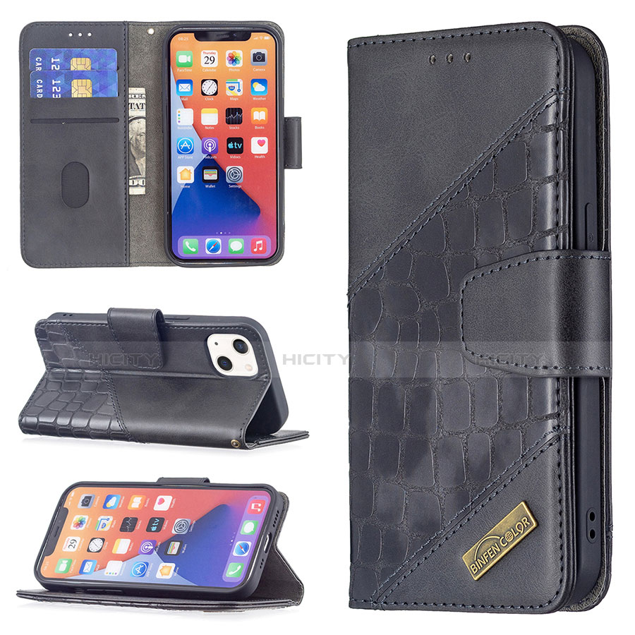 Handytasche Stand Schutzhülle Flip Leder Hülle Modisch Muster L05 für Apple iPhone 14 Schwarz groß