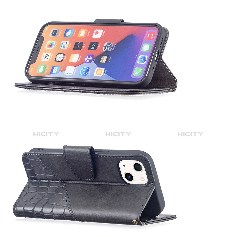 Handytasche Stand Schutzhülle Flip Leder Hülle Modisch Muster L05 für Apple iPhone 14 Schwarz groß